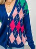 Plush Argyle Button Front Loose Fit Knit Cardigan