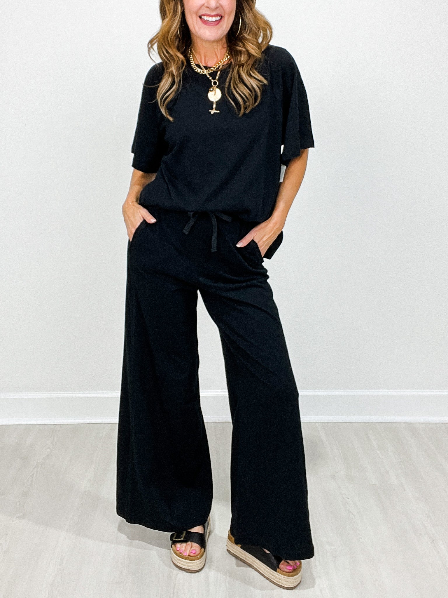 Cotton Slub Short Sleeve Top with Matching Wide Leg Pants Set