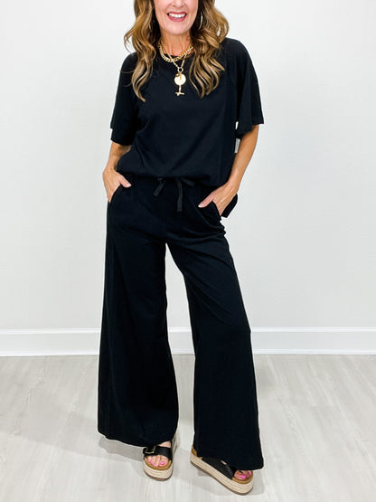 Cotton Slub Short Sleeve Top with Matching Wide Leg Pants Set
