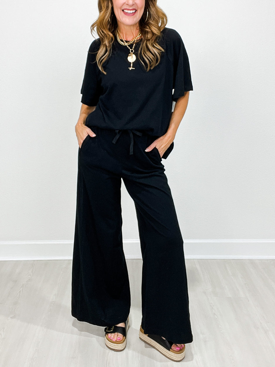 Cotton Slub Short Sleeve Top with Matching Wide Leg Pants Set