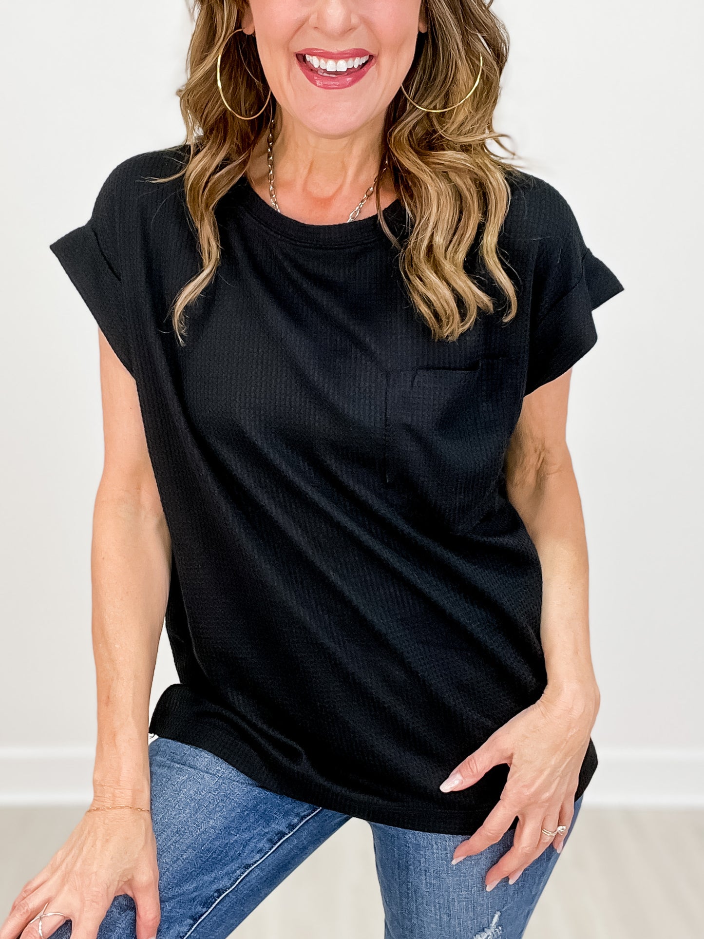 Short Sleeve Dolman Top with Round Neckline in BLACK