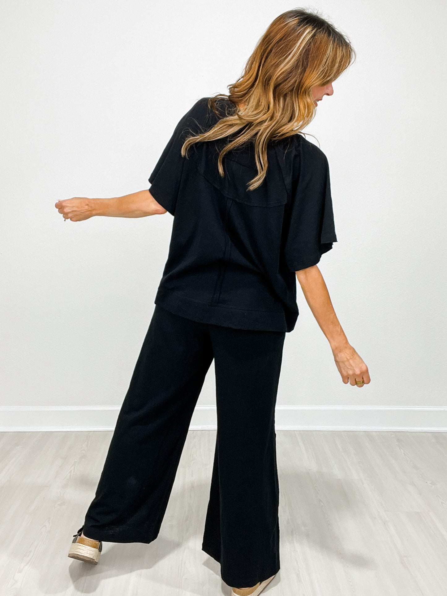 Cotton Slub Short Sleeve Top with Matching Wide Leg Pants Set