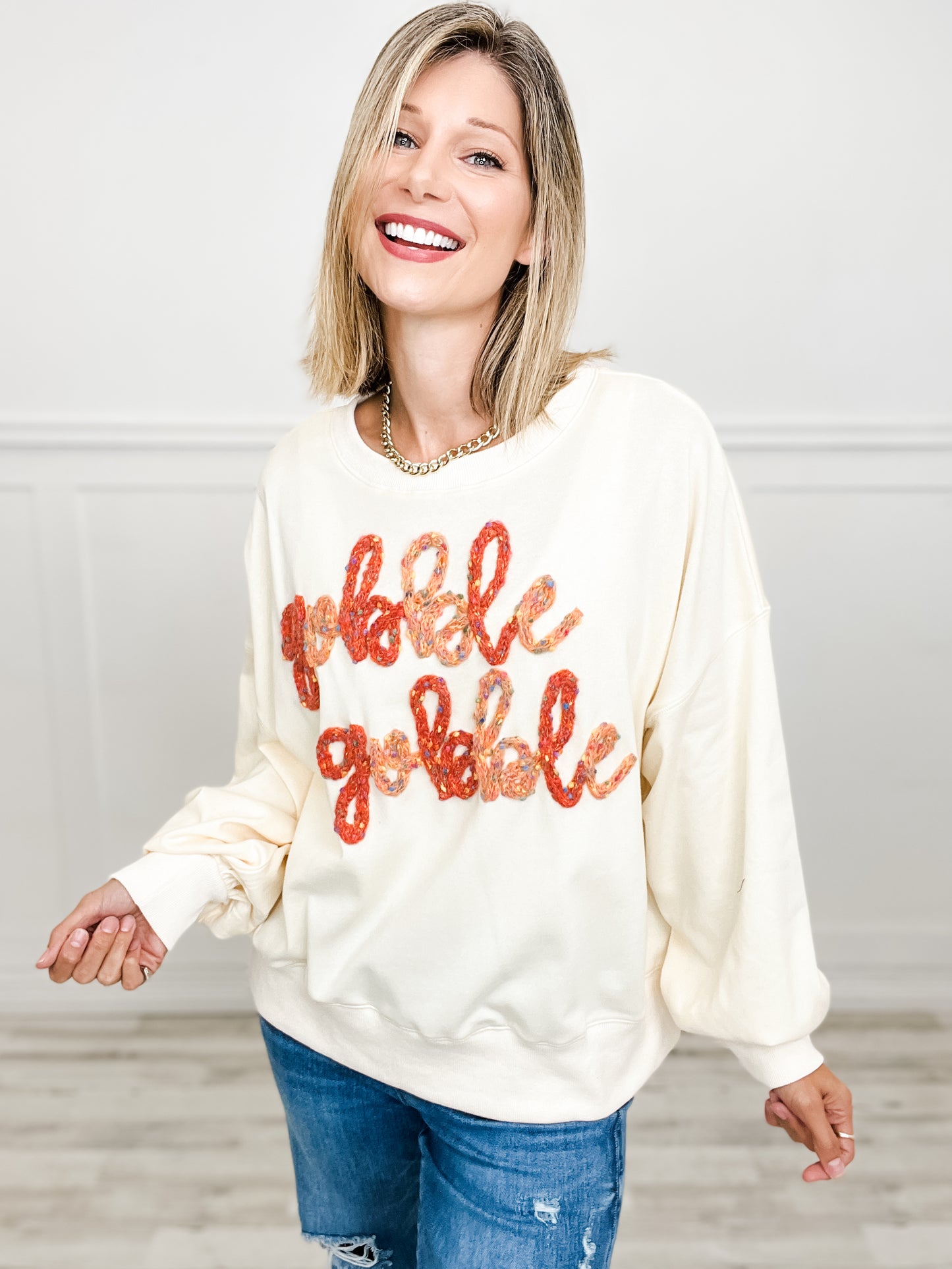 'Gobble Gobble' Pom-Pom Thread Embroidered Long Sleeve Top