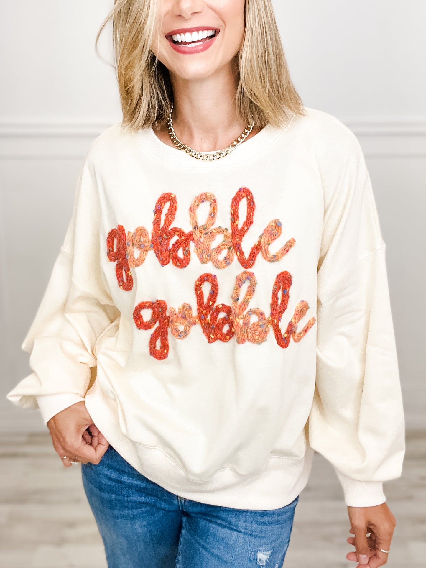 'Gobble Gobble' Pom-Pom Thread Embroidered Long Sleeve Top