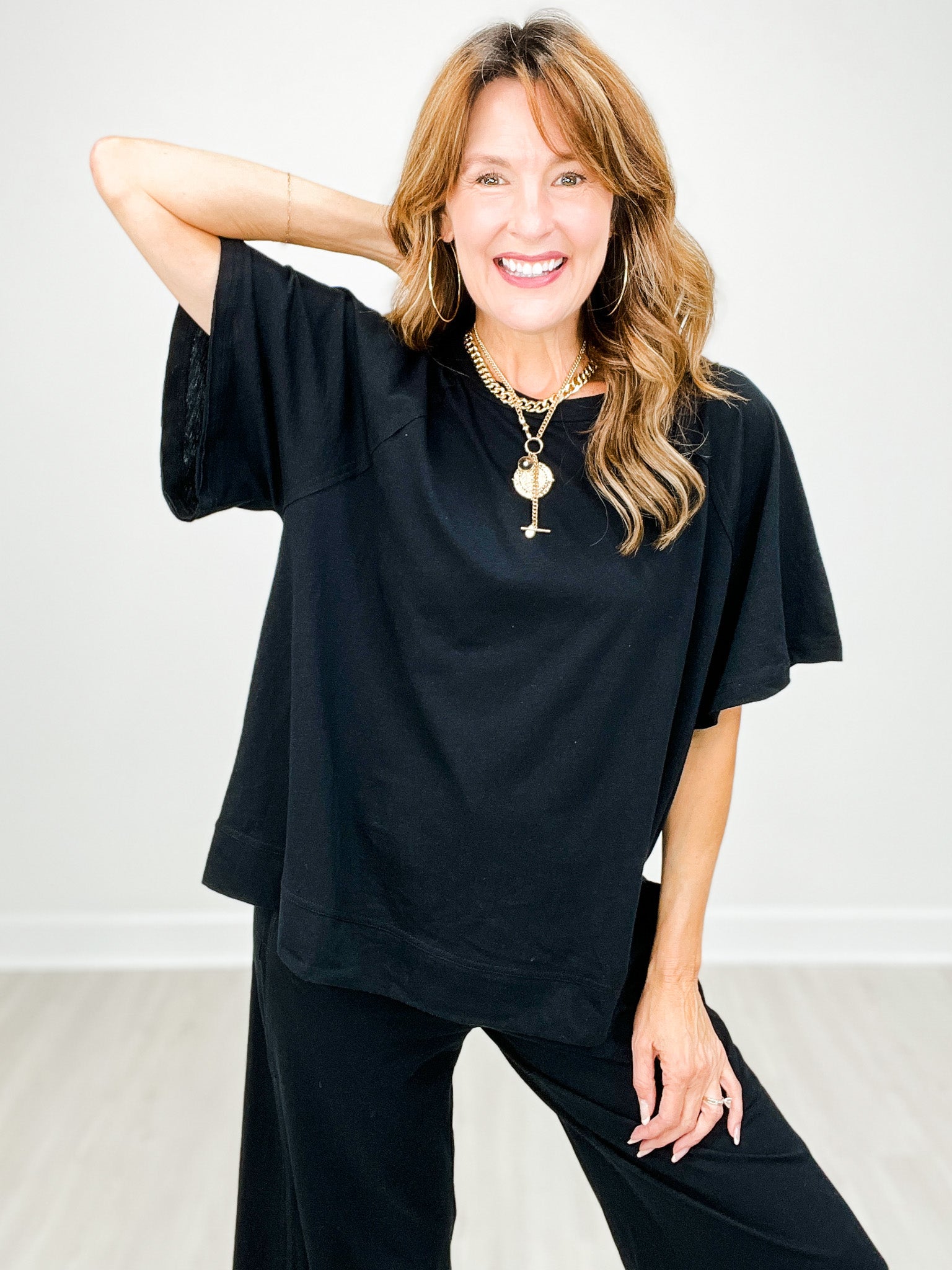 Cotton Slub Short Sleeve Top with Matching Wide Leg Pants Set