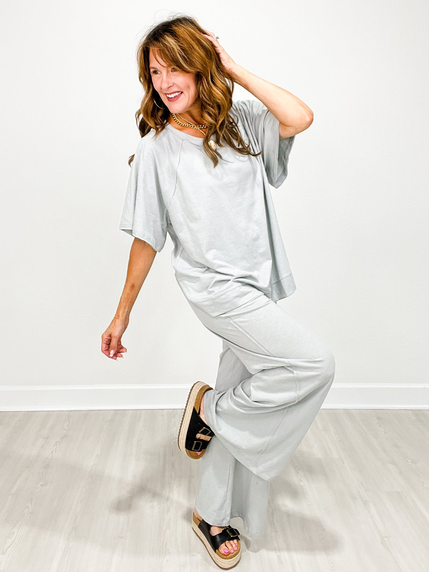 Cotton Slub Short Sleeve Top with Matching Wide Leg Pants Set