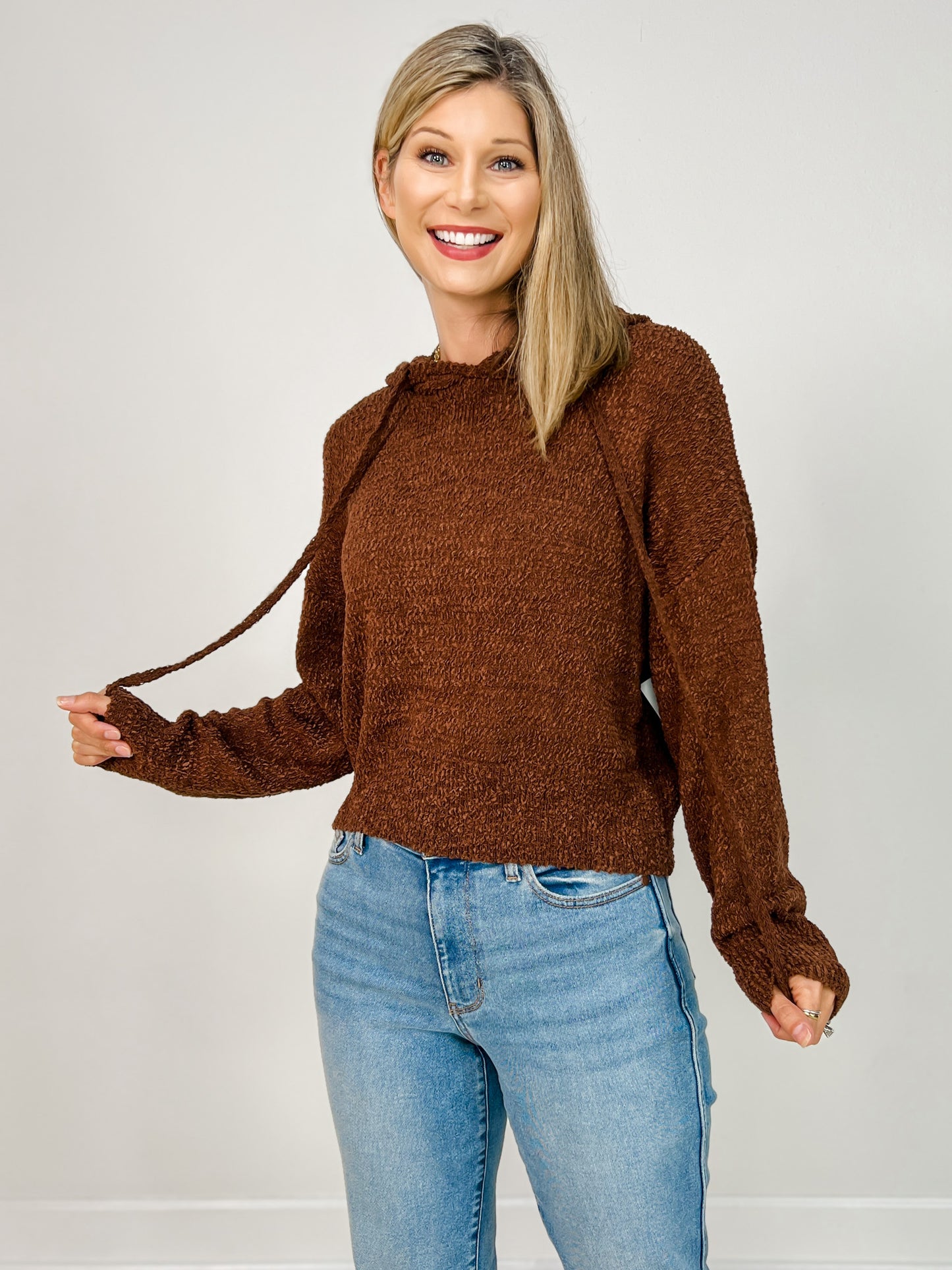 Solid Long Sleeve Cropped Hoodie Sweater