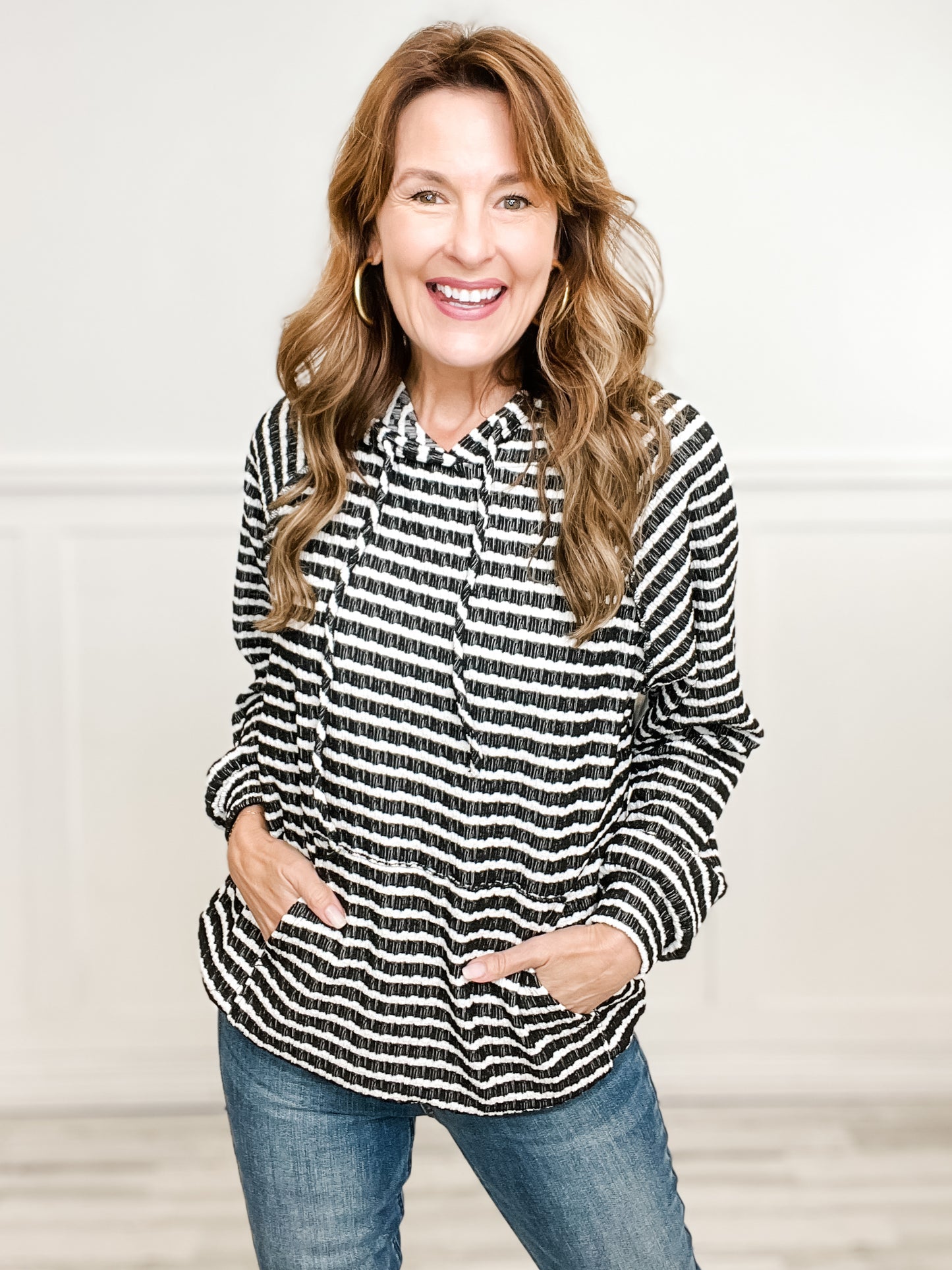 Long Puff Sleeve Striped Urban Ribbed Hoodie Top