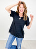 Short Sleeve Relaxed Fit V-Neck Top in Black