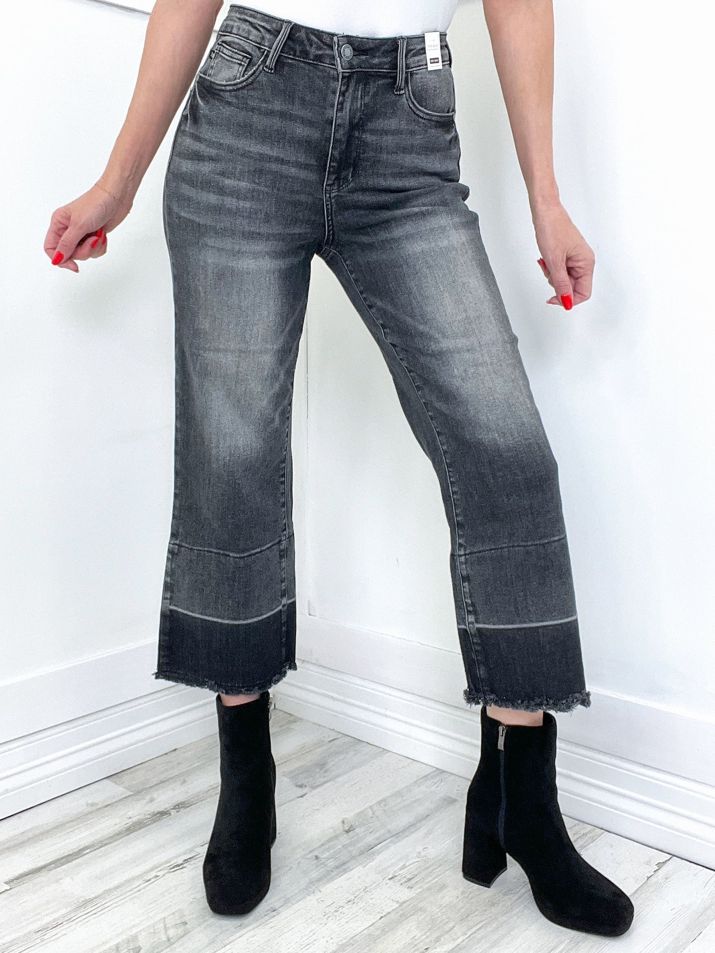 Judy Blue Mila High Waist Wide Release Hem Cropped Grey Denim Jeans