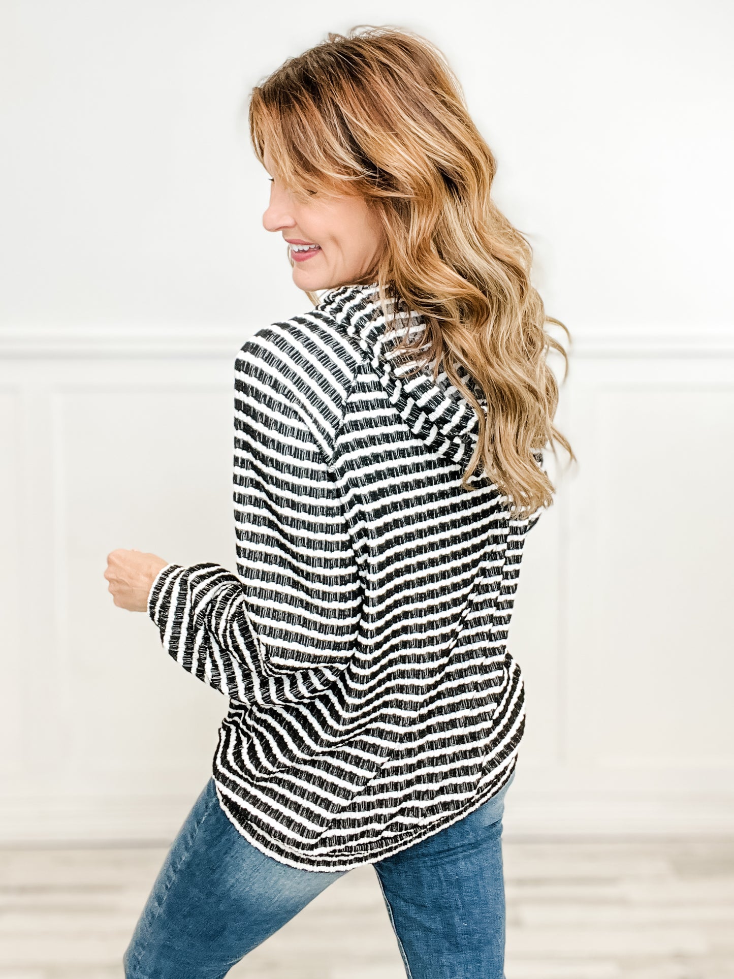 Long Puff Sleeve Striped Urban Ribbed Hoodie Top