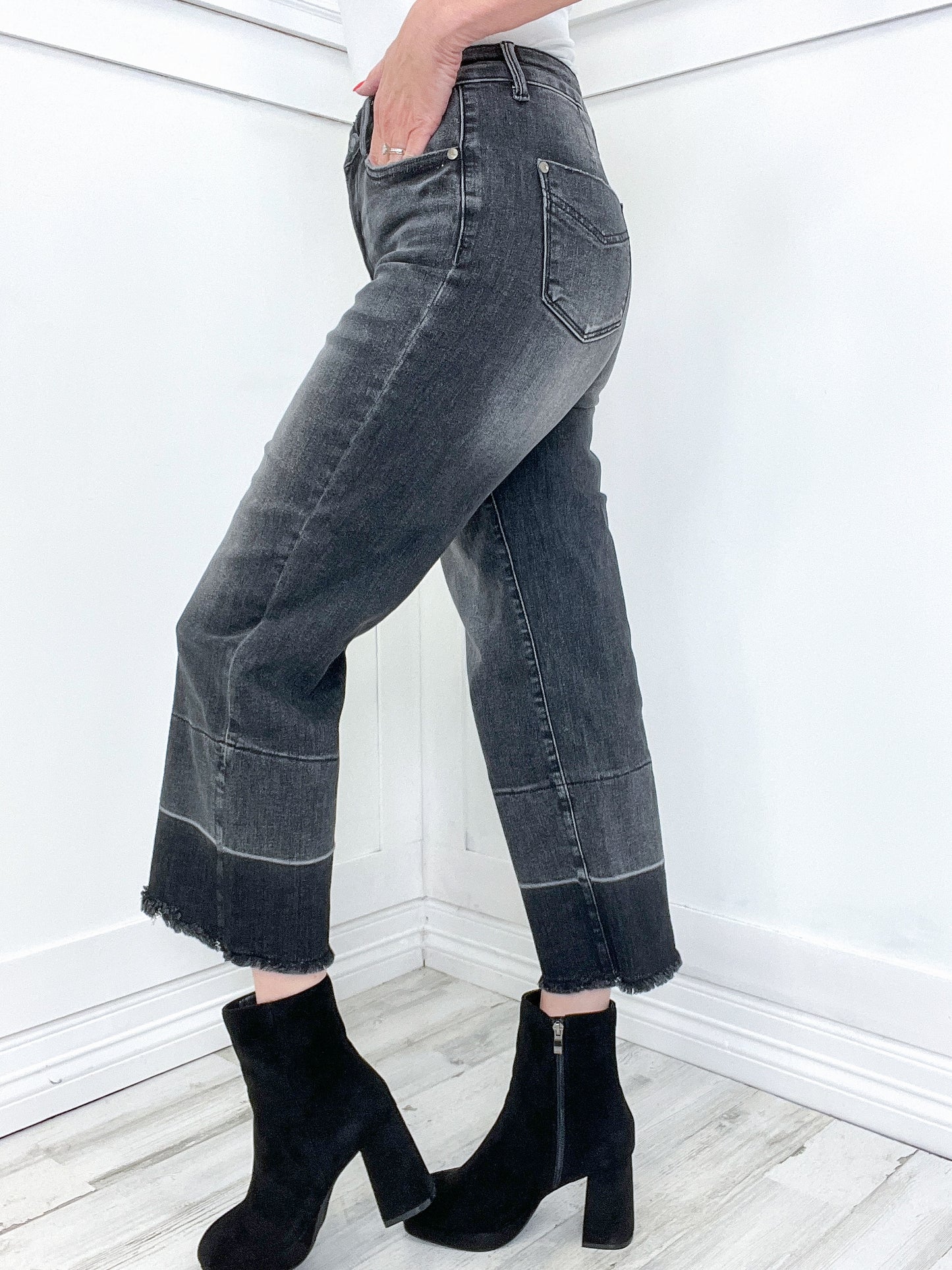 Judy Blue Mila High Waist Wide Release Hem Cropped Grey Denim Jeans