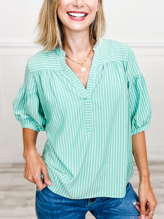 Striped Top with Split Neckline and 3/4" Length Bubble Sleeves