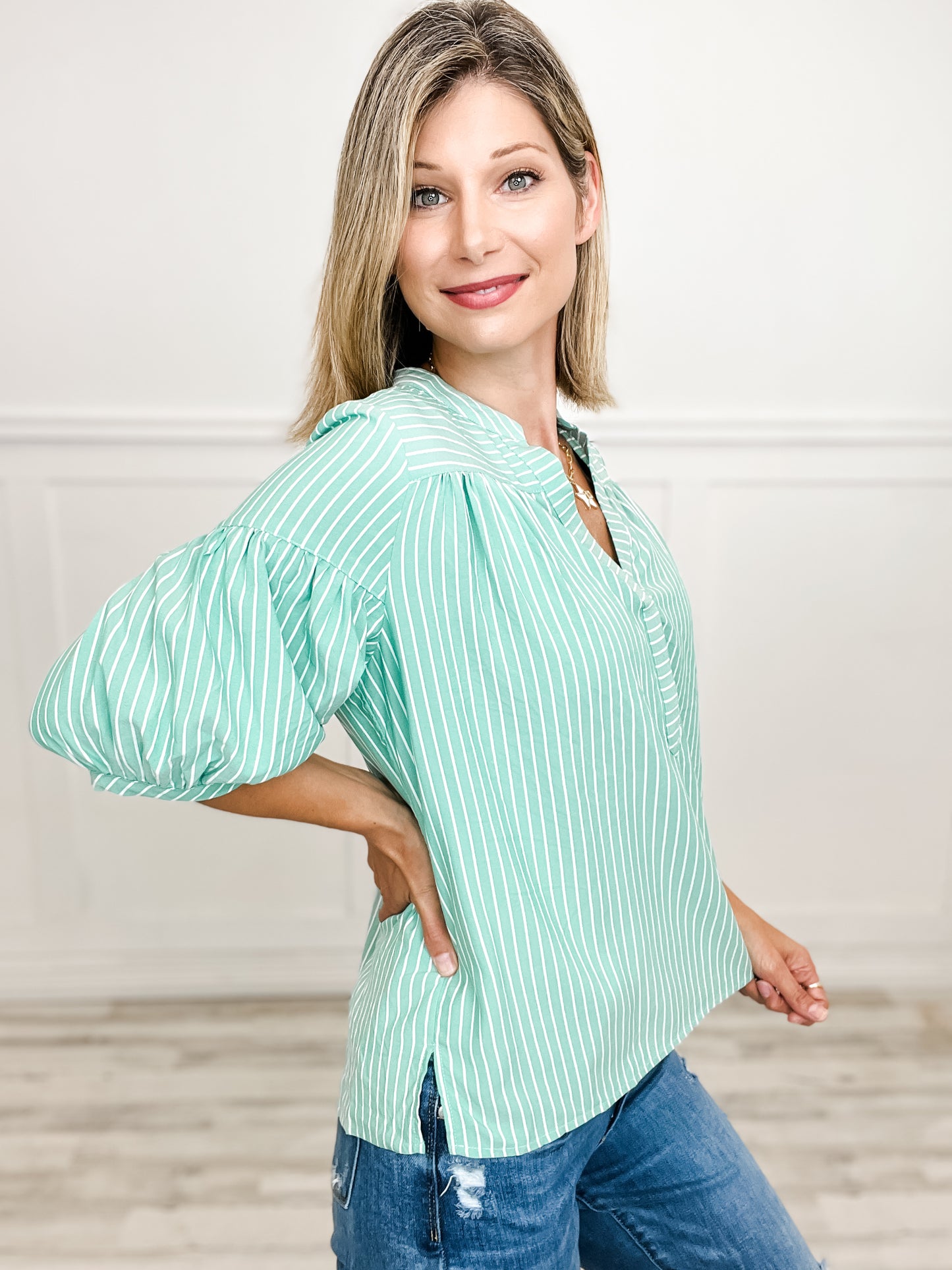 Striped Top with Split Neckline and 3/4" Length Bubble Sleeves