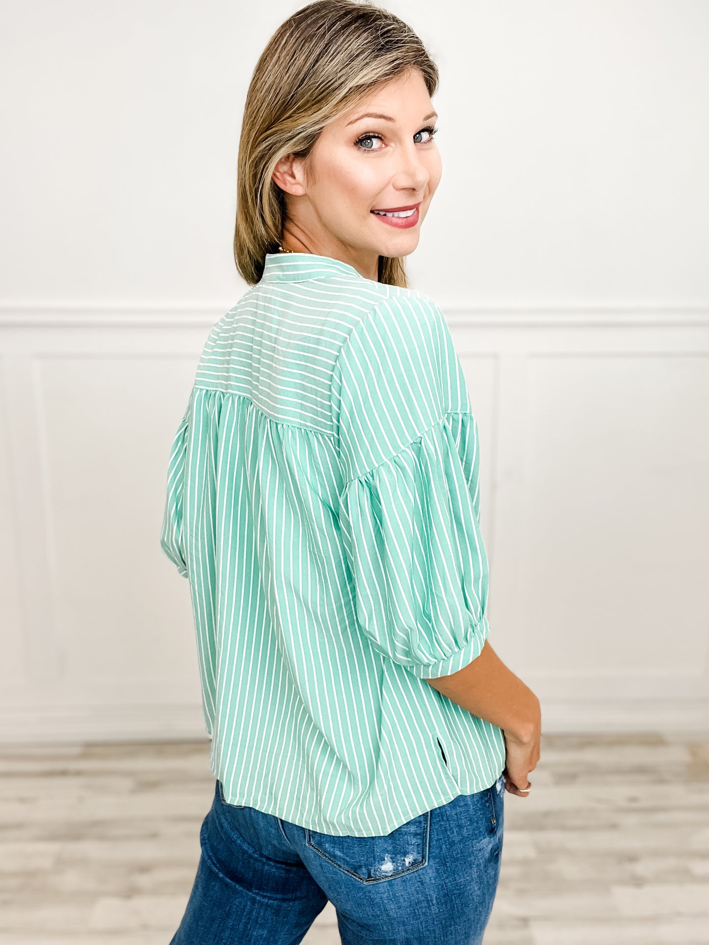 Striped Top with Split Neckline and 3/4" Length Bubble Sleeves