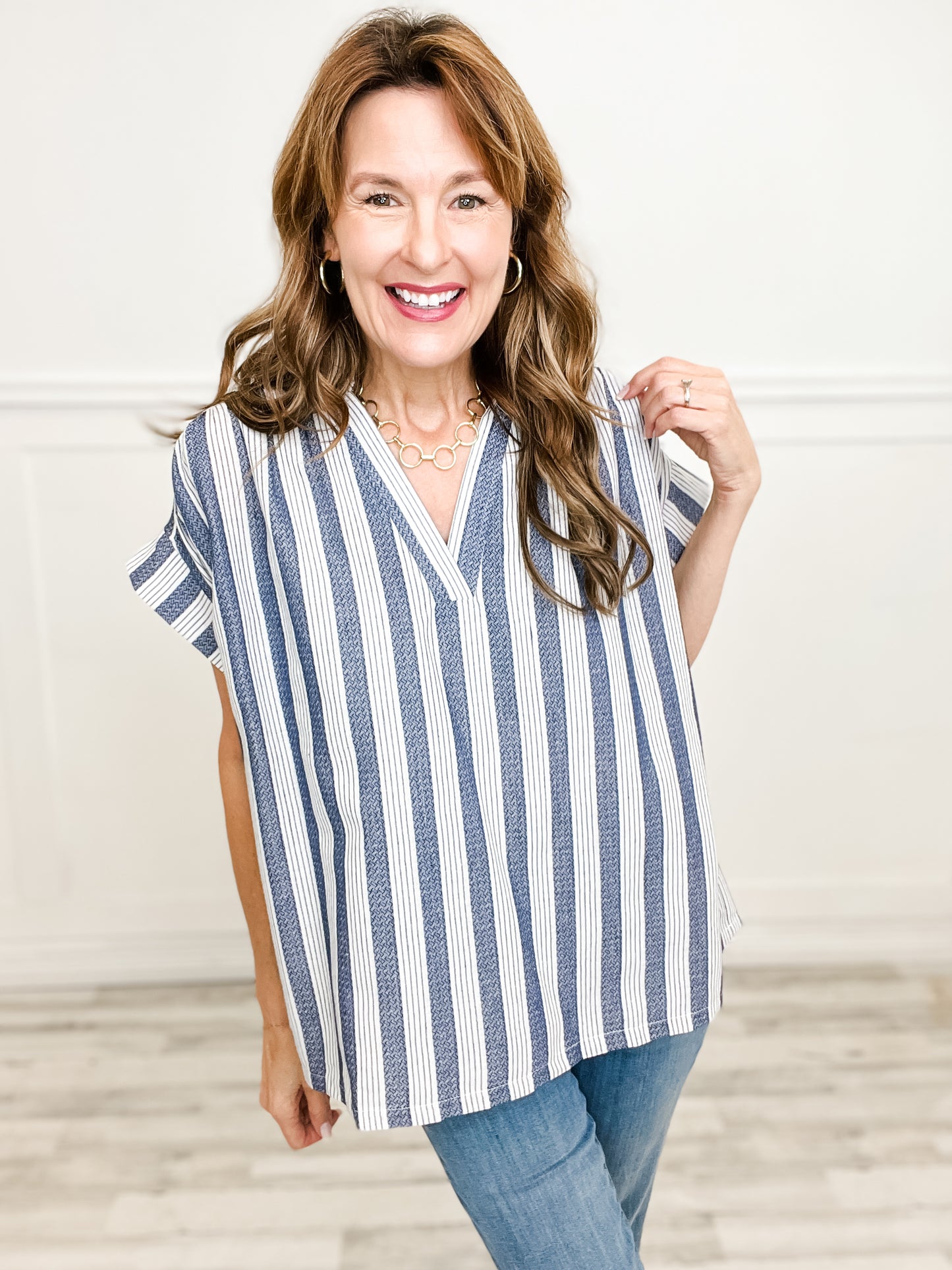 Striped Oversized V-Neck Short Sleeve Pullover Top