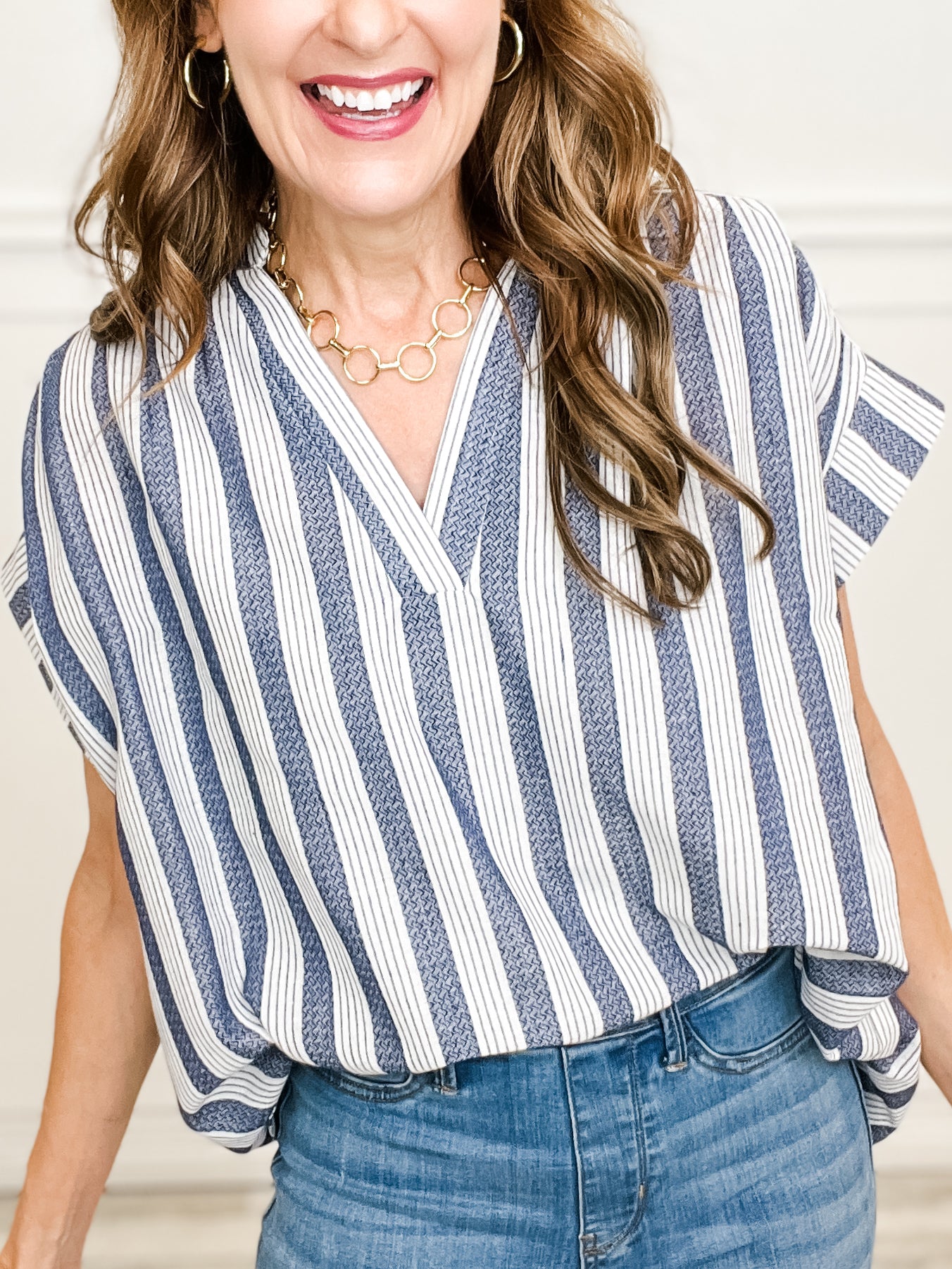 Striped Oversized V-Neck Short Sleeve Pullover Top