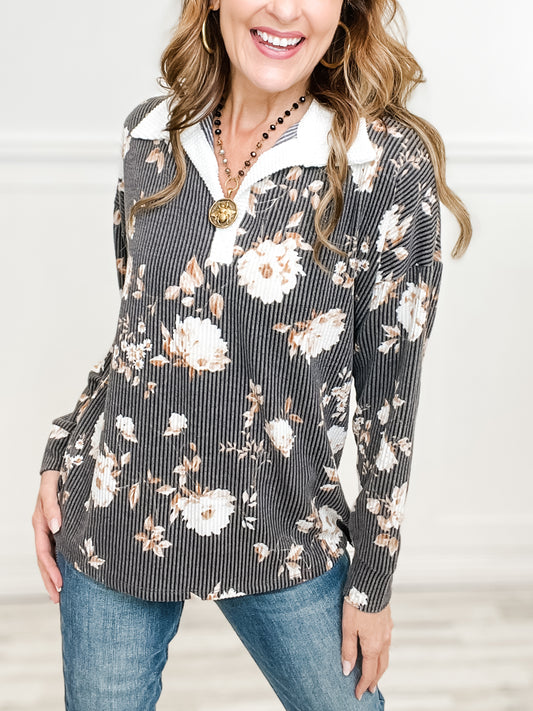 Long Sleeve Ribbed Floral Print Collared Top