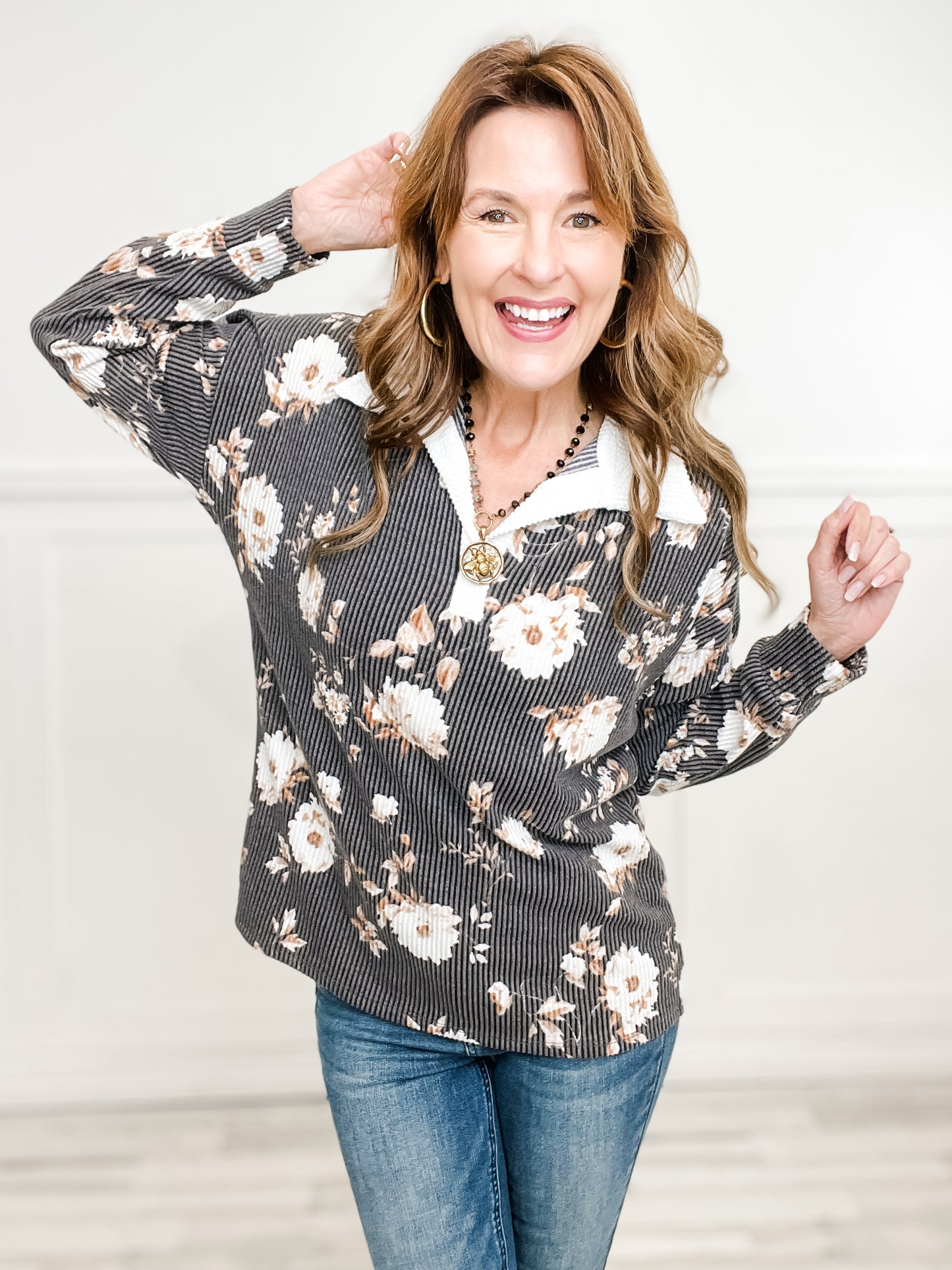 Long Sleeve Ribbed Floral Print Collared Top