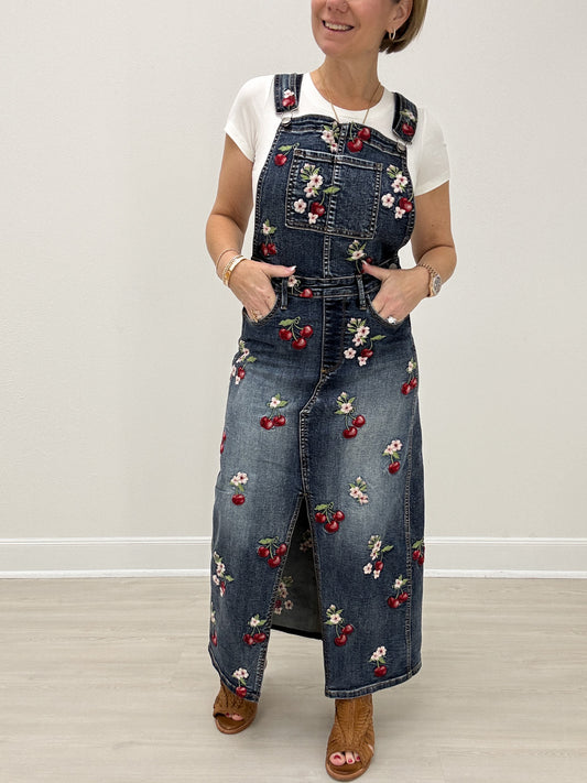 Embroidered Overall Dress with Cherries