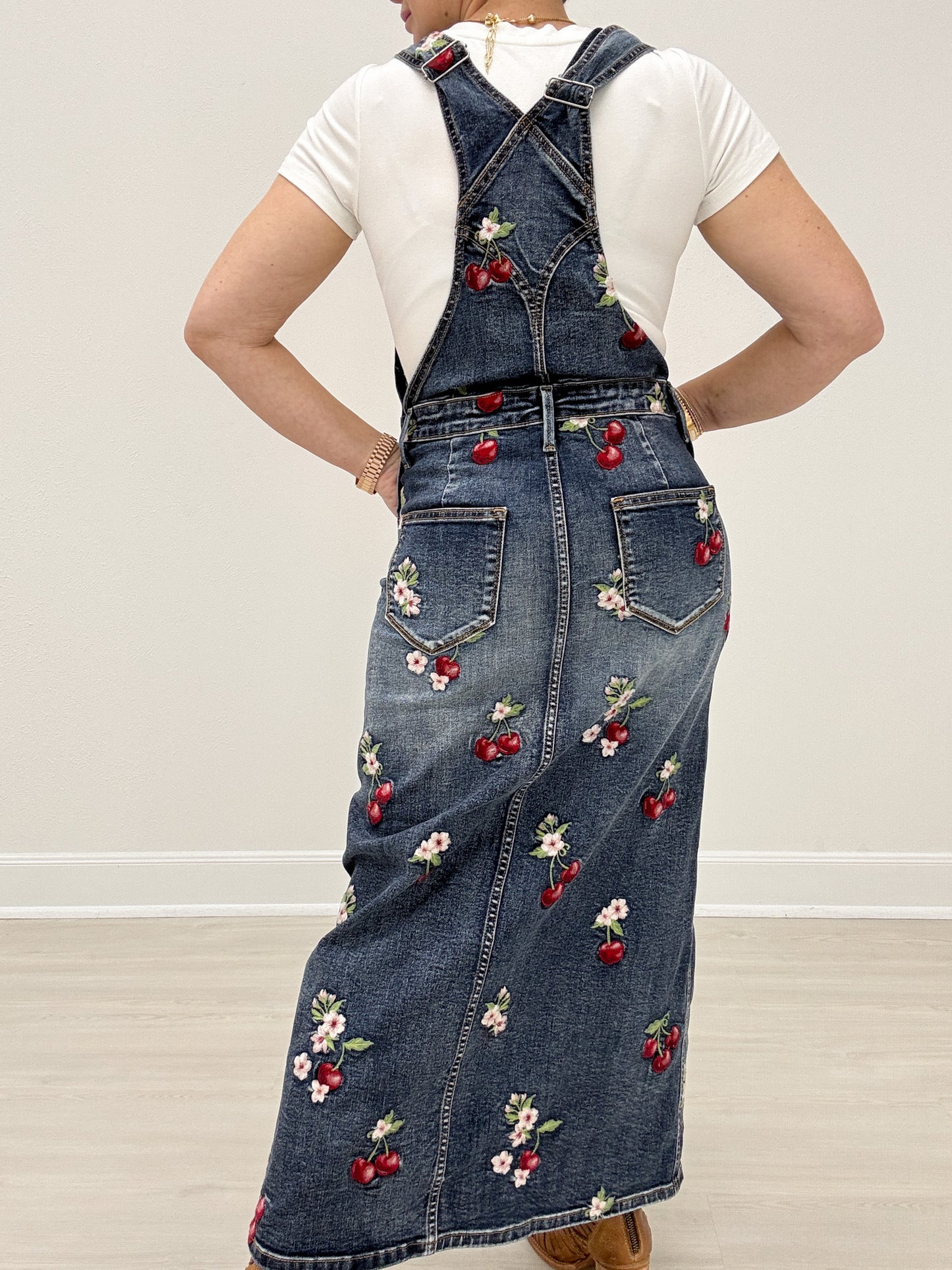 Embroidered Overall Dress with Cherries