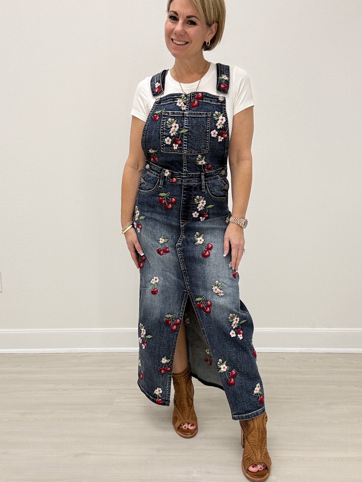 Embroidered Overall Dress with Cherries