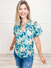 Vibrant Floral Print Split Neckline Short Sleeve Top