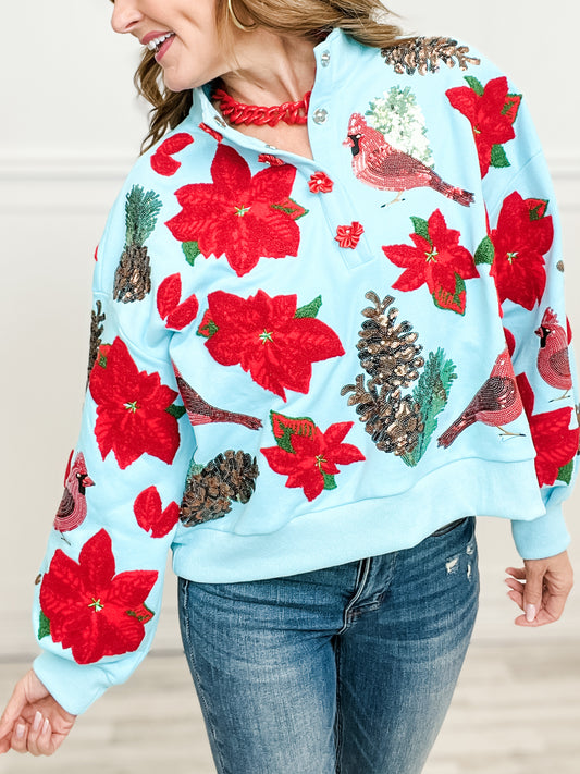 Queen of Sparkles Aqua Poinsettia, Cardinal, and Pine Cone Henley Sweatshirt