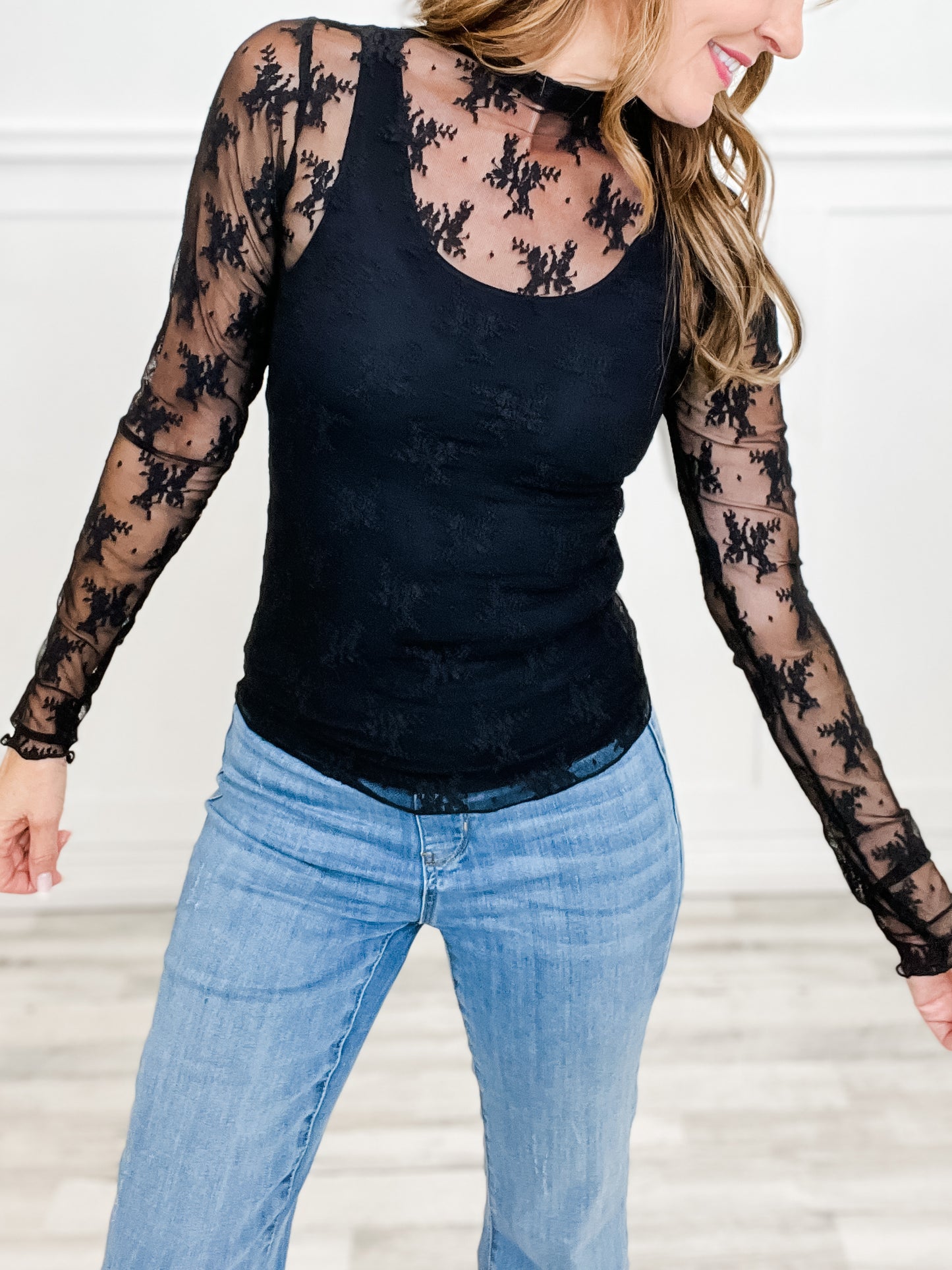 High Neck Fitted Sheer Mesh Lace Knit Top