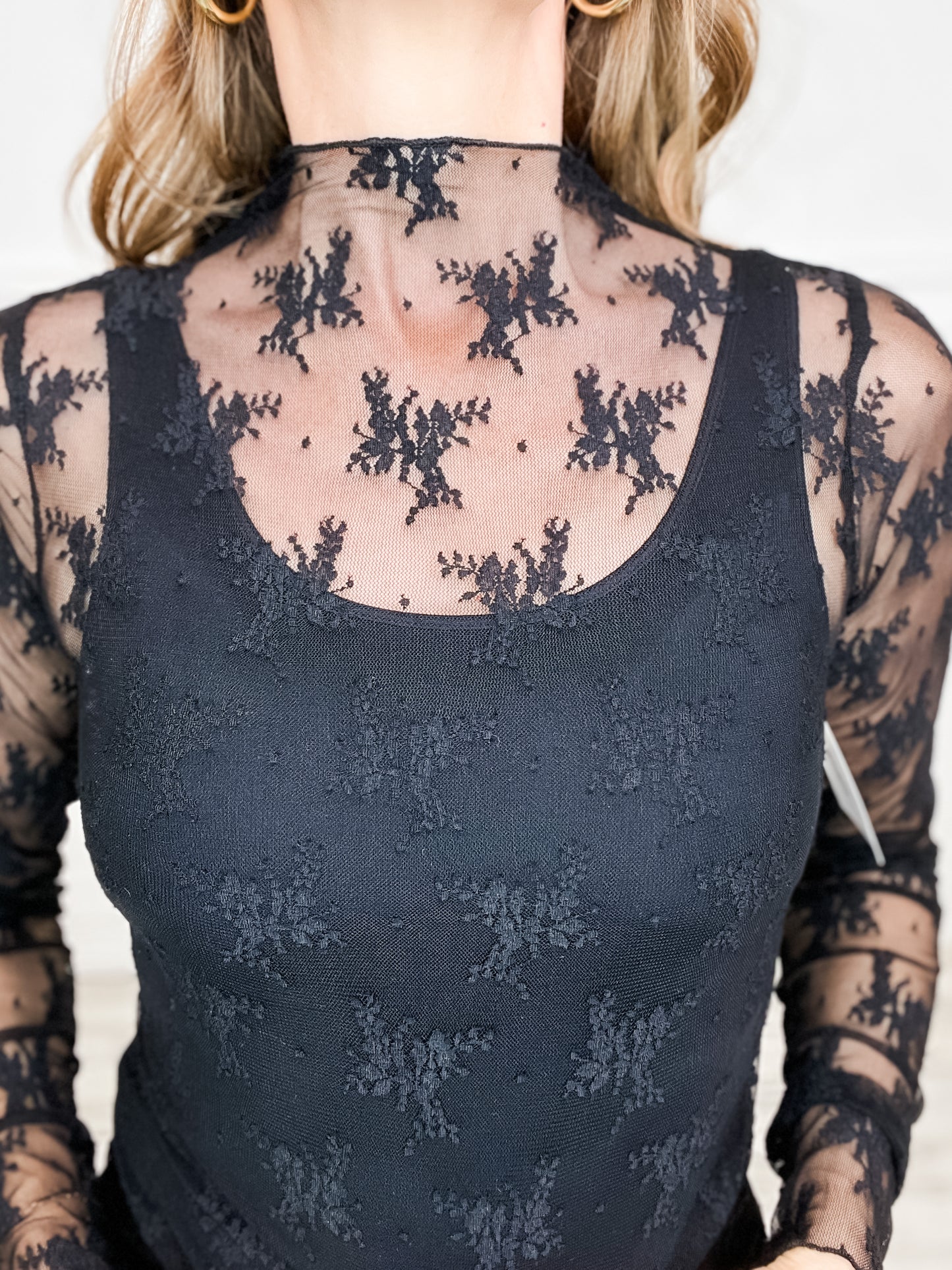 High Neck Fitted Sheer Mesh Lace Knit Top