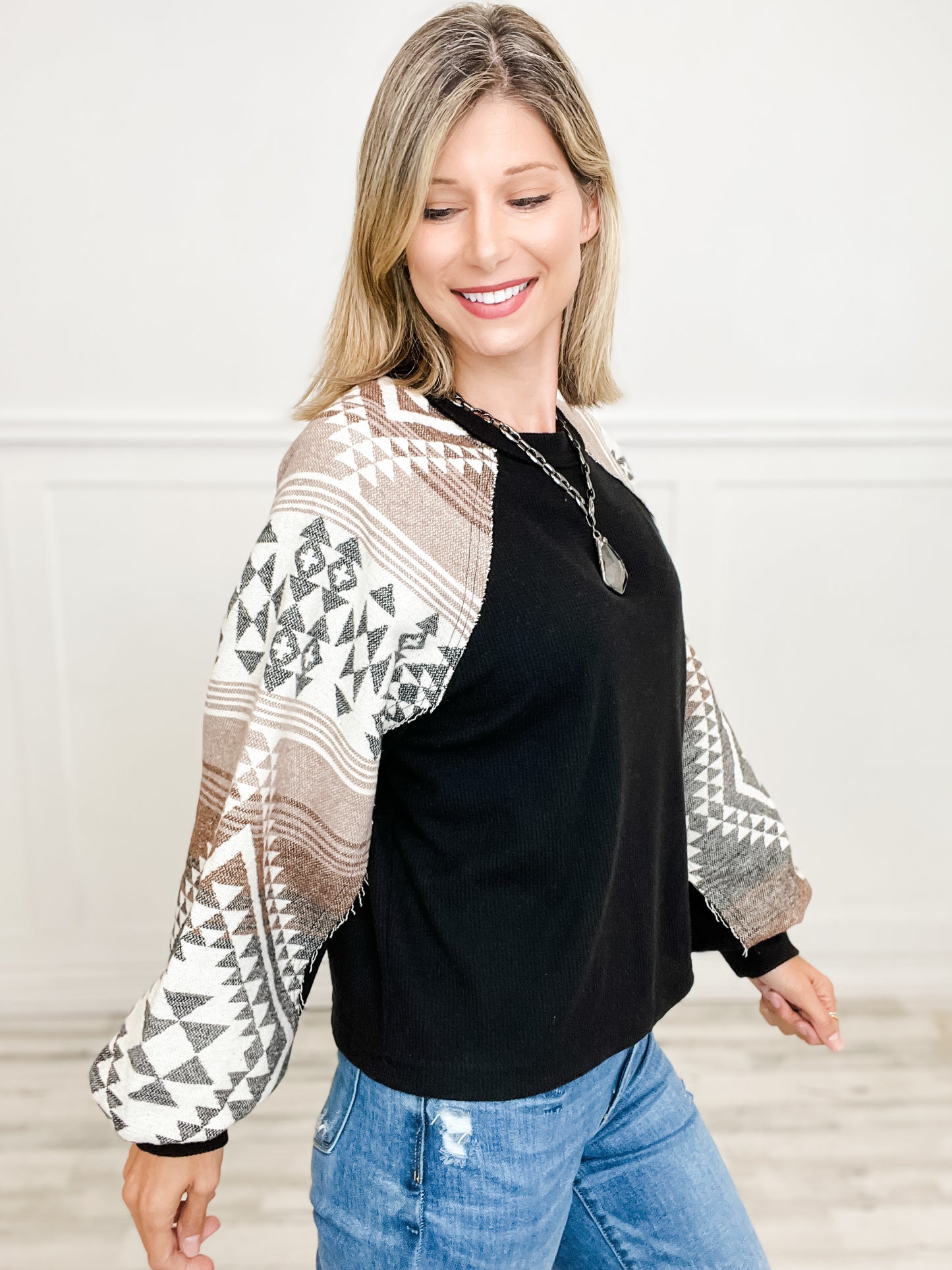 Aztec Printed Sleeve Oversized Cozy Knit Top