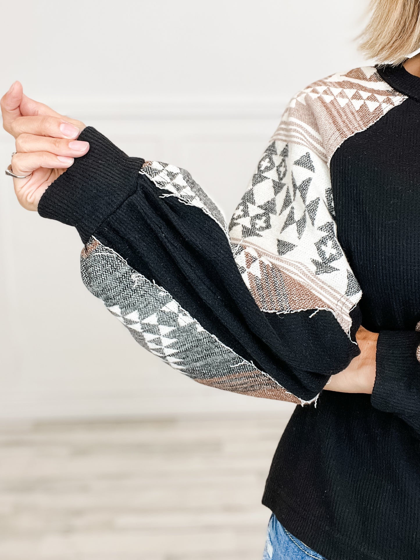 Aztec Printed Sleeve Oversized Cozy Knit Top