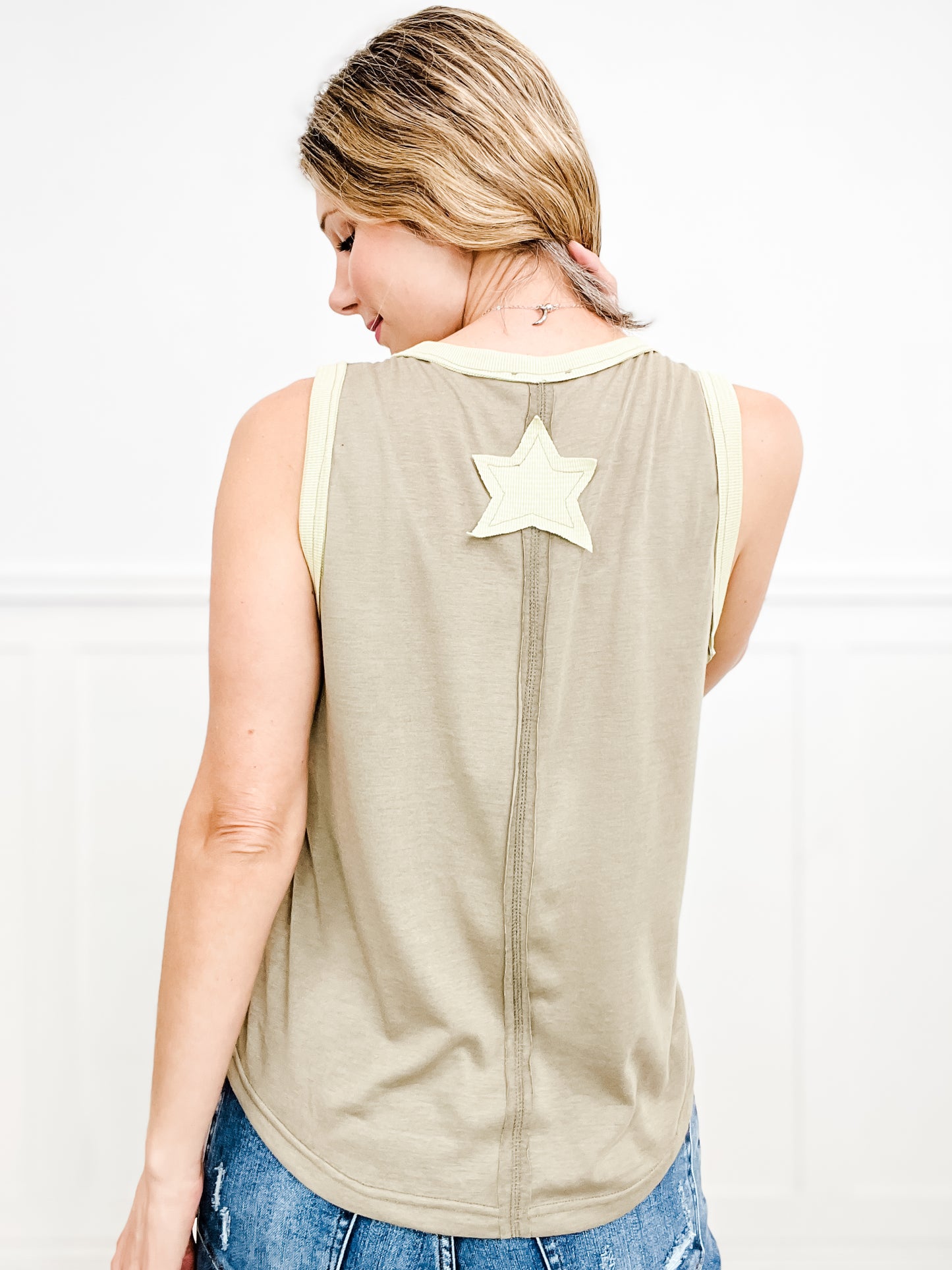 Born A Star V-Neck Sleeveless Front Star Patch Top