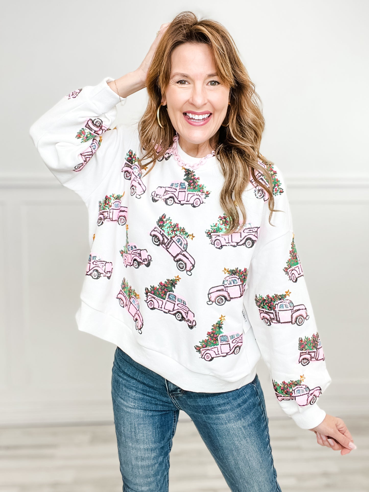 Queen of Sparkles White Trucks with Christmas Trees Sweatshirt