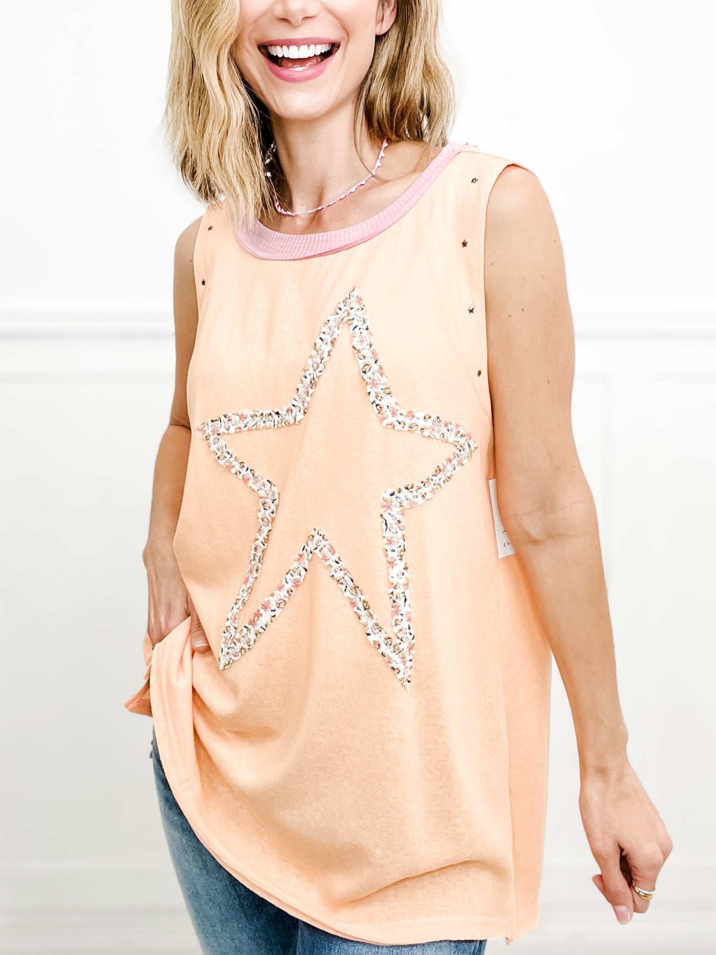 Be A Star Stud Embellishment Sleeveless Floral Star Patch Tunic Top