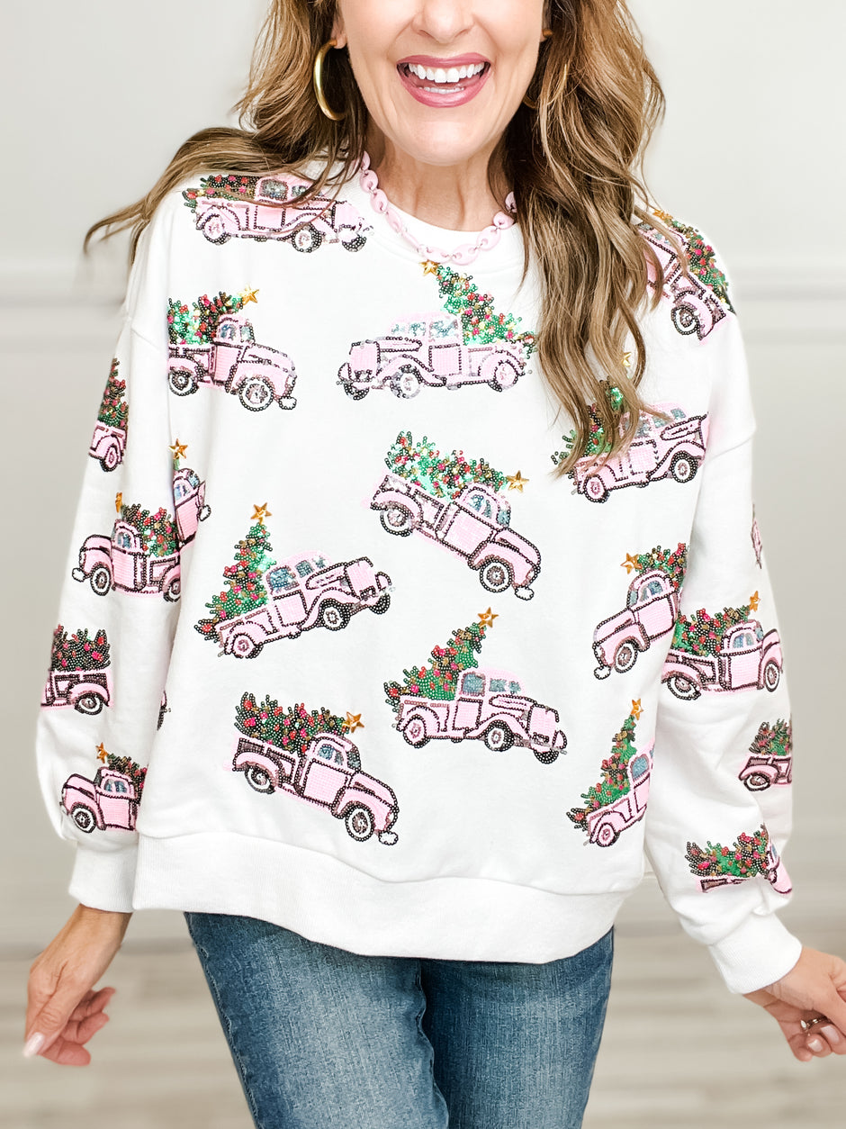 Queen of Sparkles White Trucks with Christmas Trees Sweatshirt