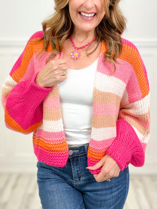 Chunky Knit Multi Colored Balloon Sleeve Sweater Cardigan