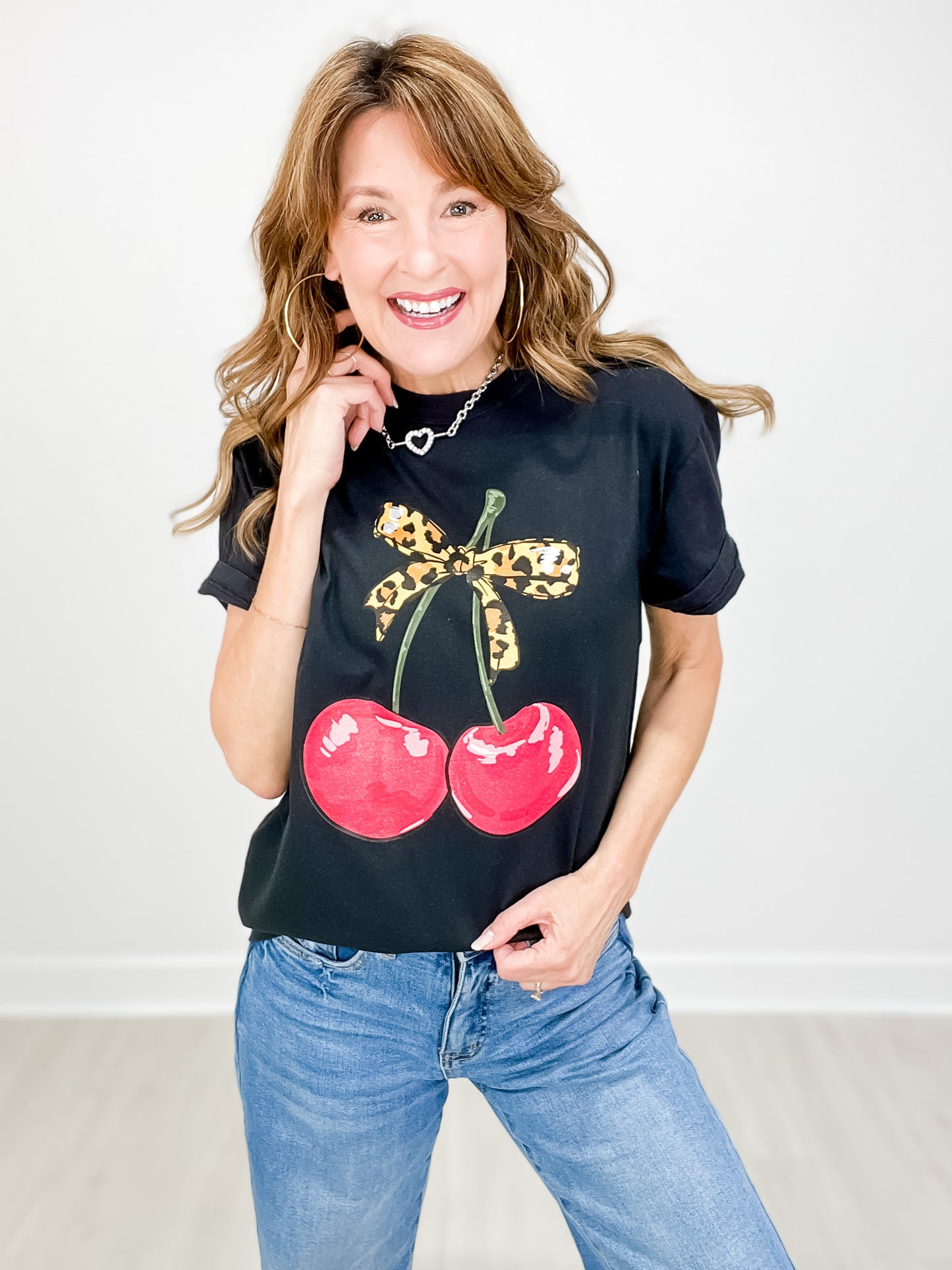 Leopard Bow and Cherries Graphic Tee
