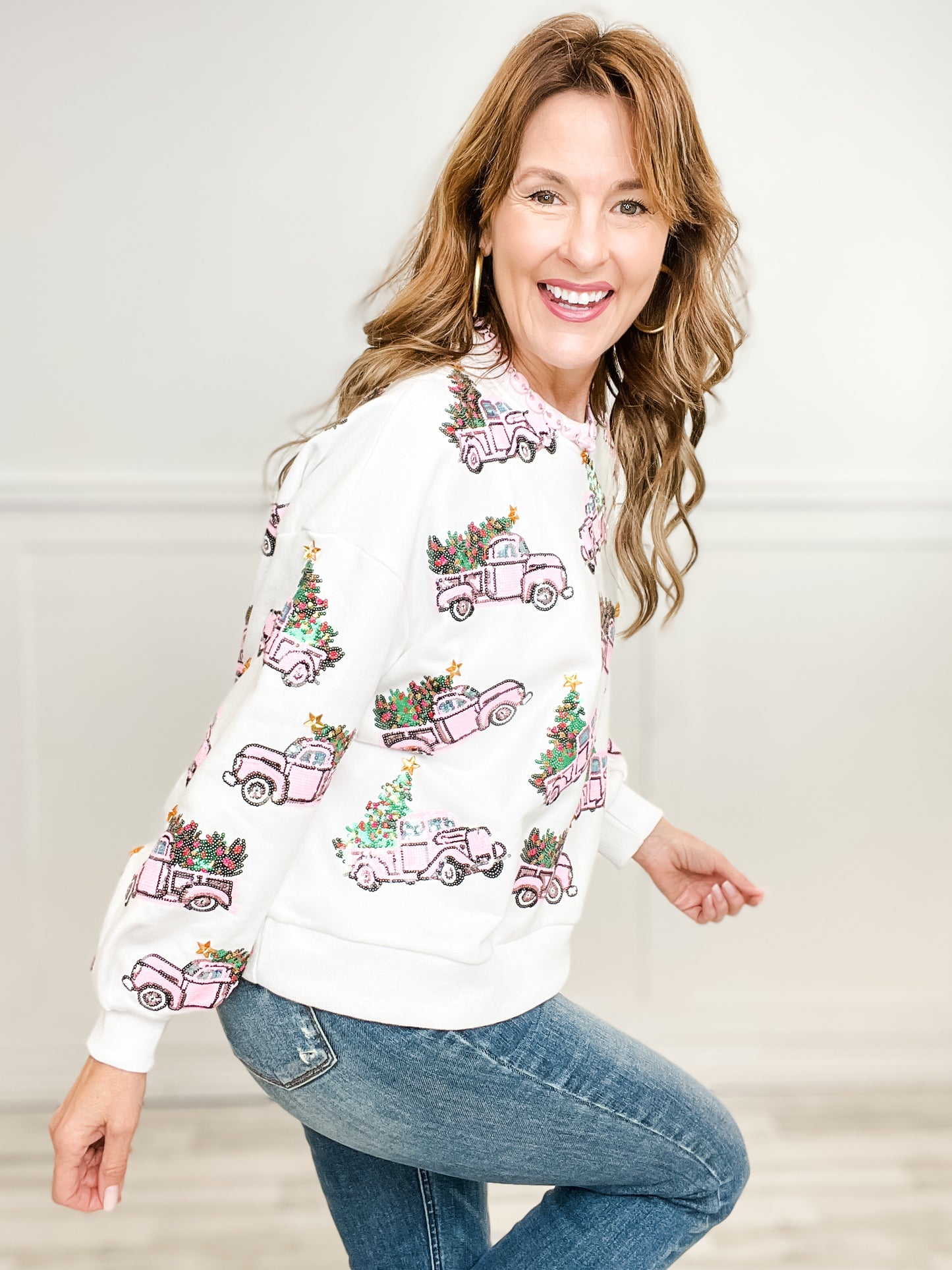 Queen of Sparkles White Trucks with Christmas Trees Sweatshirt