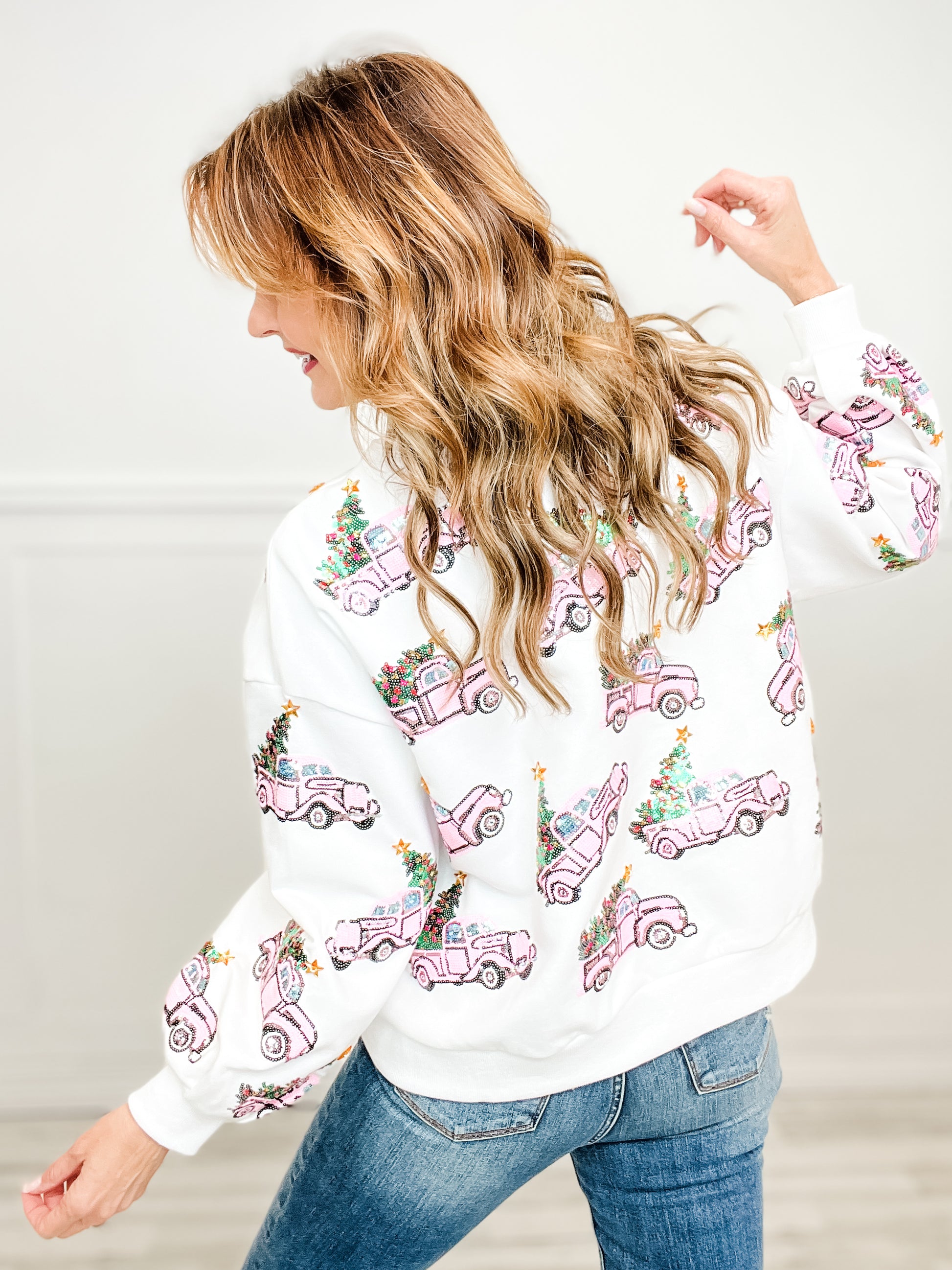 Queen of Sparkles White Trucks with Christmas Trees Sweatshirt