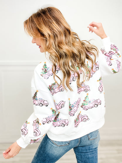 Queen of Sparkles White Trucks with Christmas Trees Sweatshirt