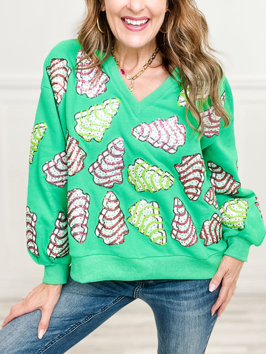 Queen of Sparkles Green Little Debbie Trees V-Neck Sweatshirt