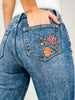 Wide Leg Cuff Embroidered Jeans