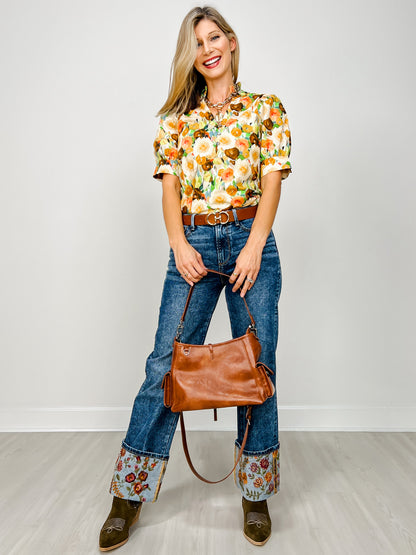 Wide Leg Cuff Embroidered Jeans