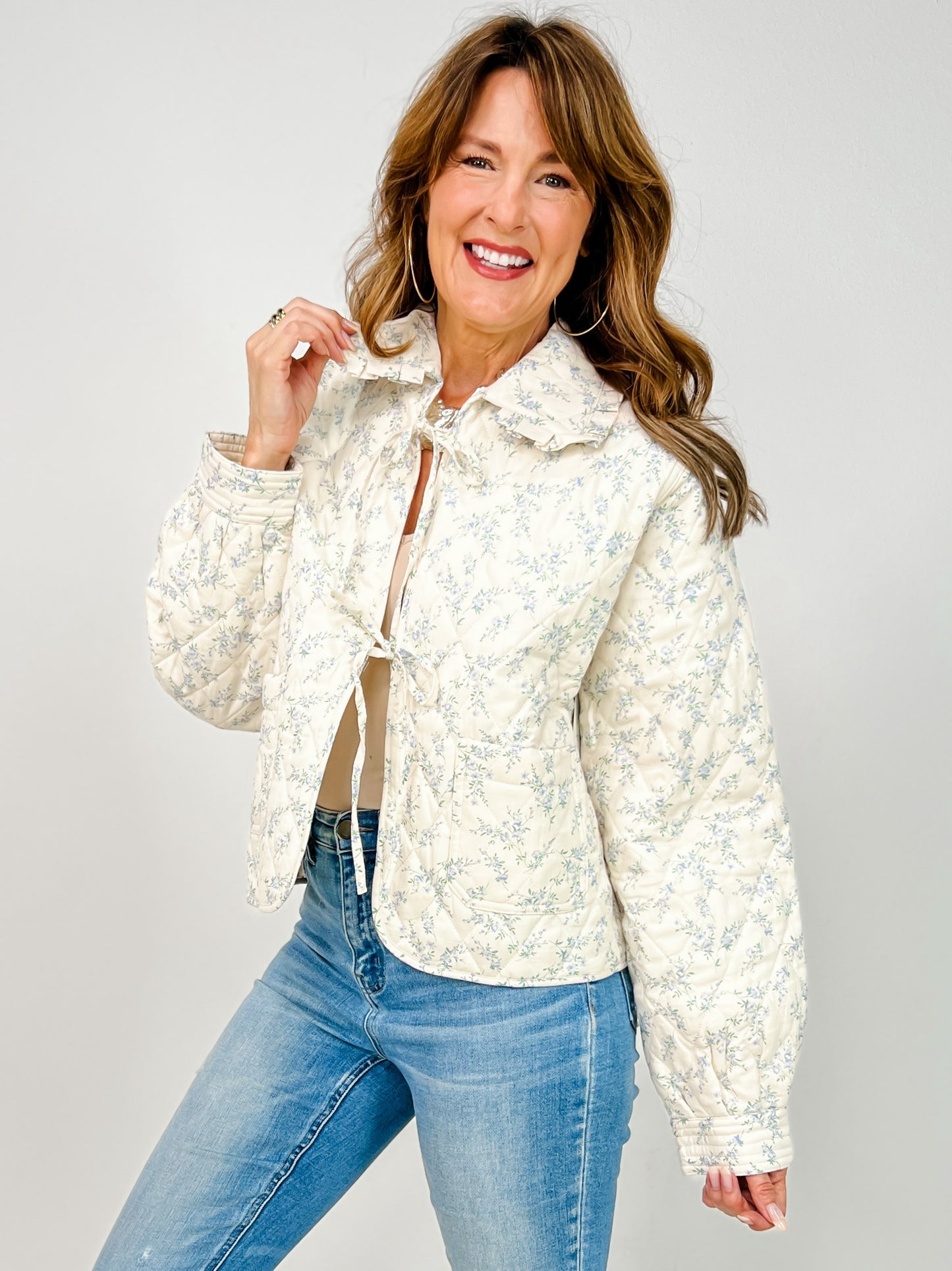 Front Ties Floral Quilted Jacket with Front Pockets