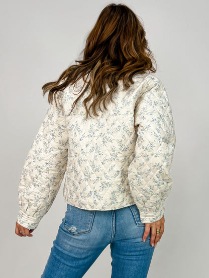 Front Ties Floral Quilted Jacket with Front Pockets
