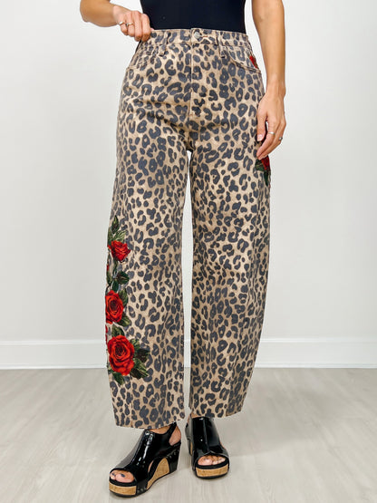 Leopard Barrel Leg Embroidered Jean