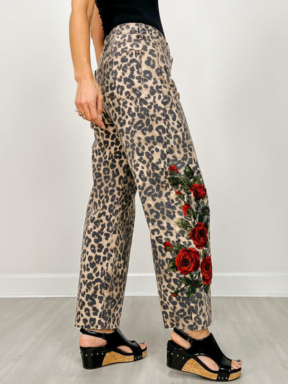 Leopard Barrel Leg Embroidered Jean