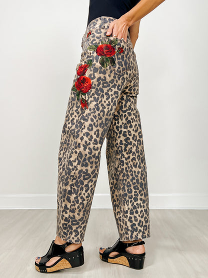 Leopard Barrel Leg Embroidered Jean