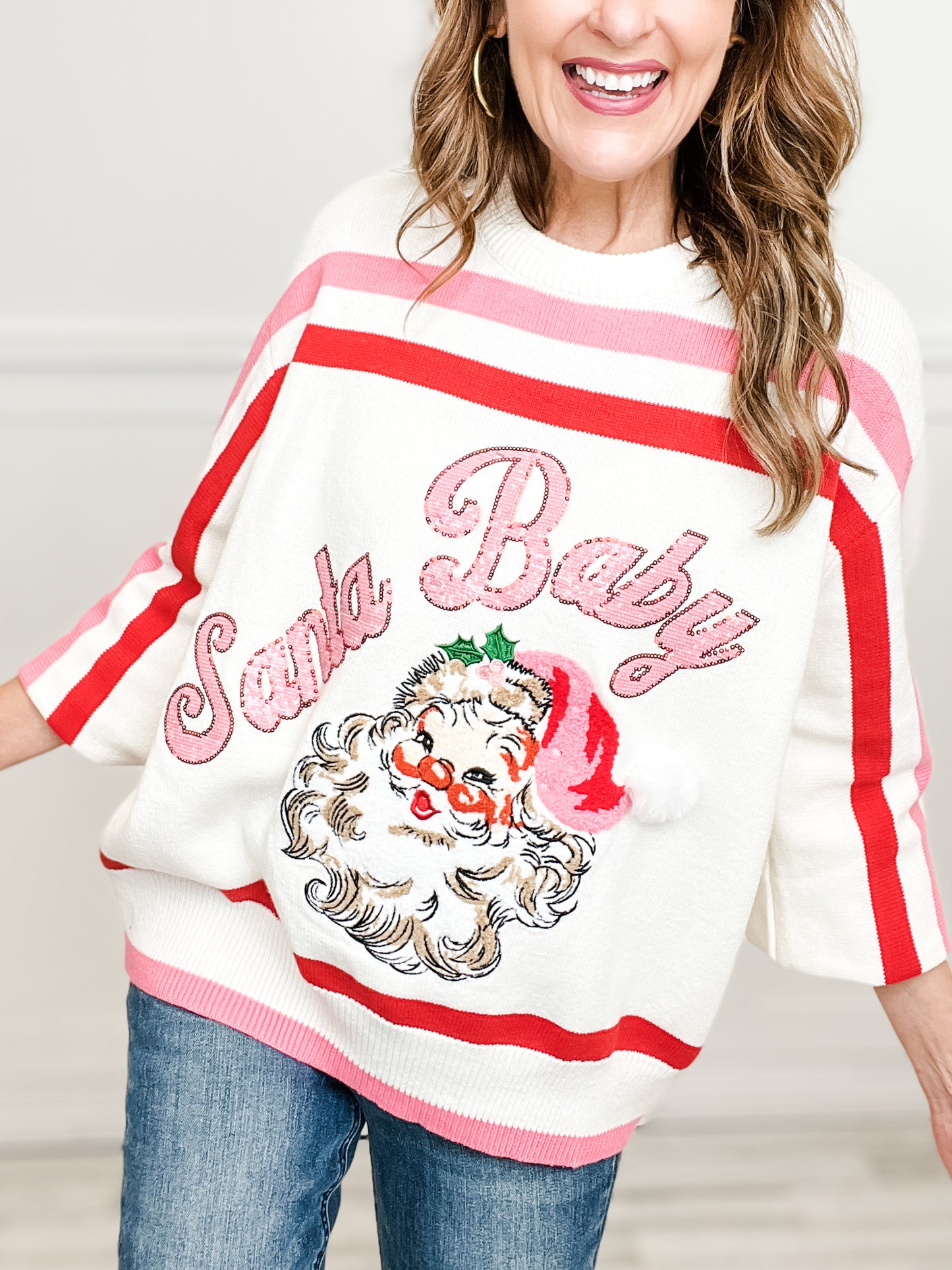 Queen of Sparkles Red, Pink, & White Stripe Santa Baby Fuzzy Santa Sweater